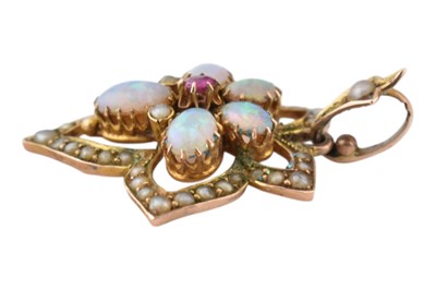 Lot 21 - ART NOUVEAU 9CT GOLD PEARL RUBY & OPAL NECKLACE