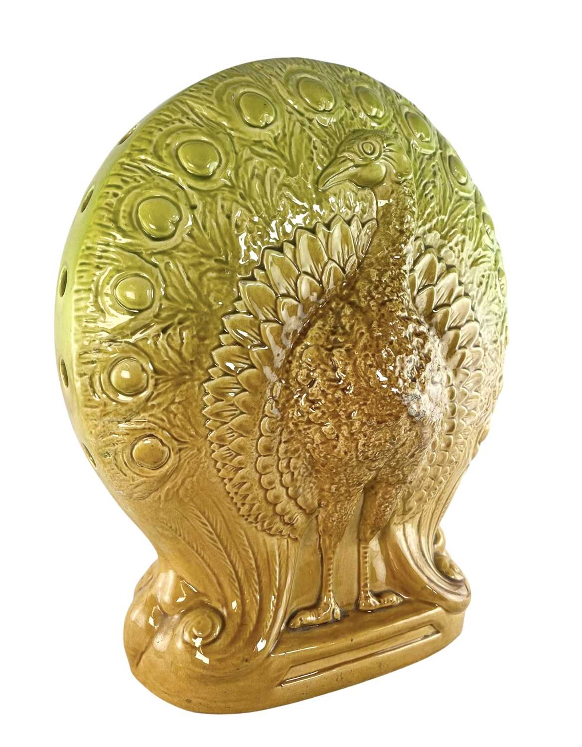 Lot 3 - CHRISTOPHER DRESSER FOR AULT POTTERY - CIRCA 1880 EARTHENWARE PEACOCK VASE
