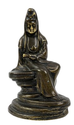Lot 176 - 19TH CENTURY CHINESE BRONZE GUANYIN & WINGED PUTTI WITH LION FIGURE 清 观音铜坐像