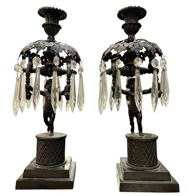 Lot 489 - PAIR OF 19TH CENTURY BRONZE & SLATE DROP LUSTRE CANDLESTICKS