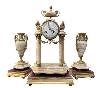 Lot 349 - 19TH CENTURY FRENCH THREE-PIECE PORTICO CLOCK GARNITURE