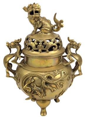 Lot 70 - CHINESE BRONZE 'CHILONG' LIDDED TRIPOD CENSER 松月侣款铜香炉