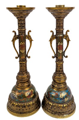 Lot 66 - PAIR OF CHINESE CLOISONNE ENAMEL TWIN HANDLED CANDLESTICKS 铜珐琅烛台一对