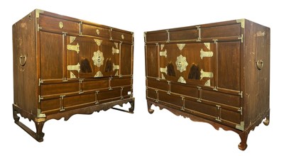 Lot 388 - KOREAN HARDWOOD AND METAL BOUND MARRIAGE CHEST ON CHEST