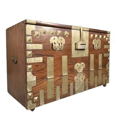 Lot 376 - KOREAN DO BANDAJI HARDWOOD & BRASS BOUND FALL FRONT CHEST