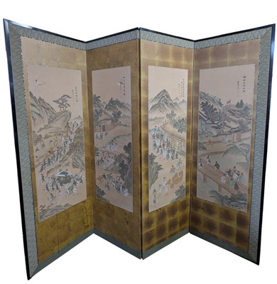 Lot 99 - KOREAN FOUR FOLD SCREEN PAINTED WITH CONTINUOUS LANDSCAPE 四折人物故事屏风