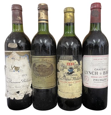 Lot 177 - FOUR FRENCH VINTAGE WINE BOTTLES, TO INCLUDE MOUTON ROTHSCHILD, LYNCH-BARGES & MORE