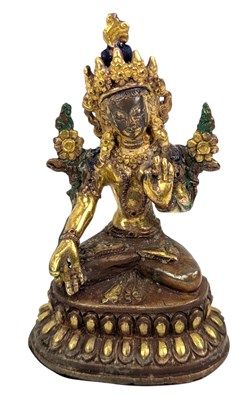 Lot 116 - SMALL BRONZE METAL FIGURE OF A SEATED WHITE TARA 铜描金度母坐像