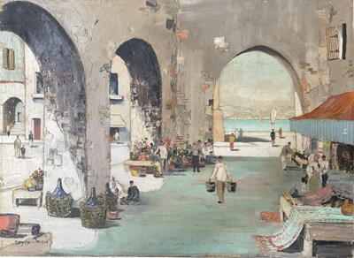 Lot 315 - C.R. DOYLY JOHN (BRITISH 1906-1993) - OIL ON CANVAS MARKET PAINTING