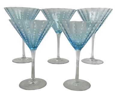 Lot 119 - SET OF FIVE ART DECO BLUE AND WHITE POLKA DOT COCKTAIL GLASSES