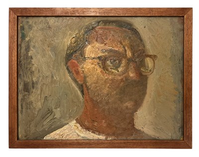 Lot 10 - JOHN LEES (B. 1943) - OIL ON BOARD PORTRAIT PAINTING OF CHRISTOPHER CABOT, 1984
