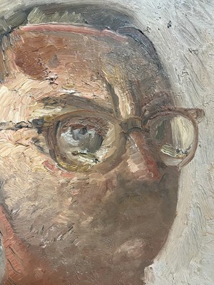 Lot 10 - JOHN LEES (B. 1943) - OIL ON BOARD PORTRAIT PAINTING OF CHRISTOPHER CABOT, 1984