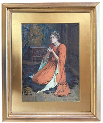 Lot 265 - HENRY MEYNELL RHEAM (1859-1920) - WOMAN IN RED DRESS WITH CRYSTAL WATERCOLOUR