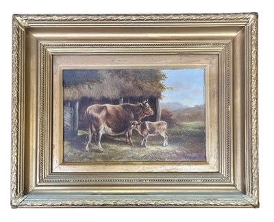 Lot 434 - WILLIAM PERRING HOLLYER (1834-1922) - 19TH CENTURY OIL ON CANVAS COW & CALF PAINTING
