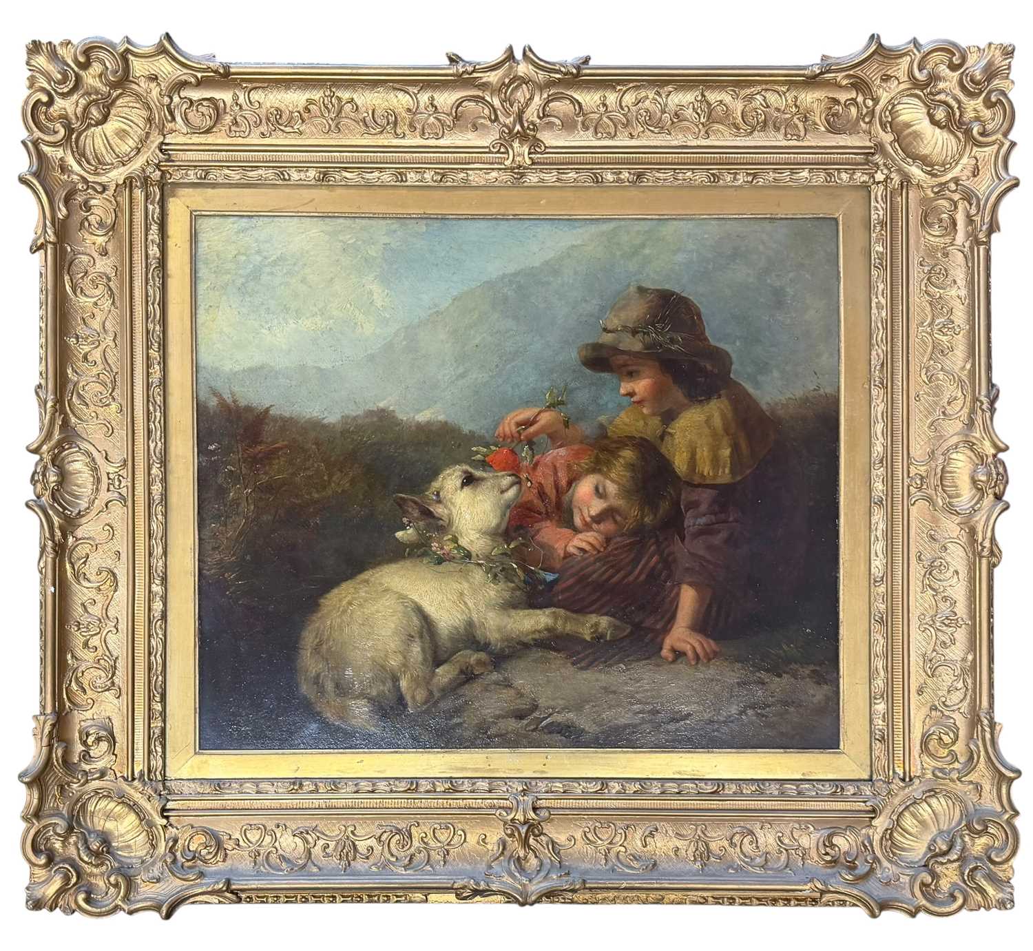 Lot 260 - JAMES JOHN HILL (1811-1882) - CHILDREN WITH BABY GOAT - 19TH CENTURY OIL GENRE PAINTING