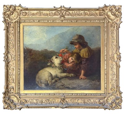 Lot 260 - JAMES JOHN HILL (1811-1882) - CHILDREN WITH BABY GOAT - 19TH CENTURY OIL GENRE PAINTING