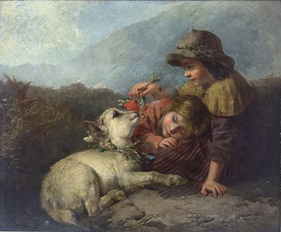 Lot 260 - JAMES JOHN HILL (1811-1882) - CHILDREN WITH BABY GOAT - 19TH CENTURY OIL GENRE PAINTING