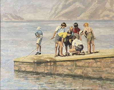 Lot 63 - BELIEVED JEAN MCNEIL (20TH CENTURY) - UNTITLED CHILDREN FISHING, 1966 - OIL ON CANVAS