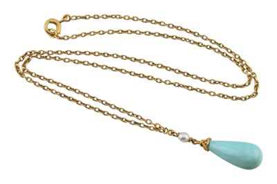 Lot 20 - AN EARLY 20TH CENTURY GOLD TURQUOISE & PEARL PENDANT NECKLACE
