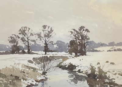 Lot 26 - JOHN YARDLEY (B. 1933) - SHEEP IN THE SNOW - WATERCOLOUR ON PAPER