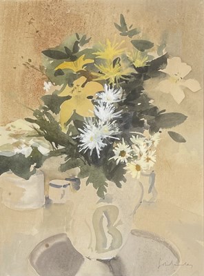 Lot 30 - JOHN YARDELY (B. 1933) - LILIES ON SPIDER CHRYSANTHEMUMS - WATERCOLOUR ON PAPER