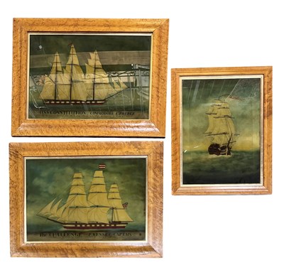 Lot 581 - THREE 18TH & 19TH CENTURY INSPIRED REVERSE GLASS MARITIME PRINTS ON GLASS