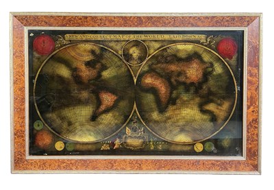 Lot 594 - 19TH CENTURY STYLE REVERSE GLASS PAINTING OF THE NEW & CORRECT MAP OF THE WORLD