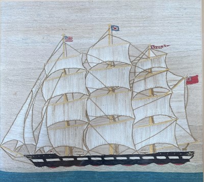 Lot 321 - 19TH CENTURY BRITISH SAILOR'S WOOLWORK 'WOOLIE' PICTURE OF MASTED SHIP