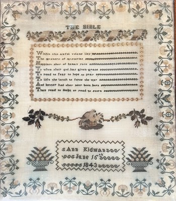 Lot 351 - VICTORIAN 19TH CENTURY 1843 NEEDLEPOINT SAMPLER BY ANN KIDWAN