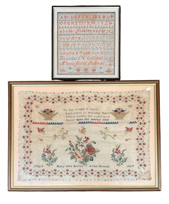 Lot 358 - TWO VICTORIAN 19TH CENTURY 1859 & 1893 NEEDLEPOINT SAMPLERS
