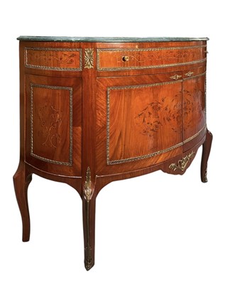 Lot 363 - FRENCH LOUIS XVI STYLE WALNUT & GREEN MARBLE ORMOLU DEMILUNE COMMODE