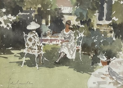 Lot 27 - JOHN YARDLEY (B. 1933) - GARDEN TALK - WATERCOLOUR ON PAPER