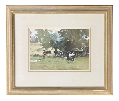 Lot 28 - JOHN YARDLEY (B. 1933) - CATTLE IN THE WYLYE VALLEY - WATERCOLOUR ON PAPER