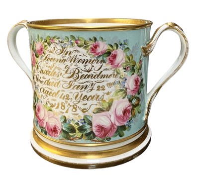 Lot 133 - ENGLISH 19TH CENTURY HAND PAINTED PORCELAIN TWIN-HANDLED OVERSIZED 1878 MUG