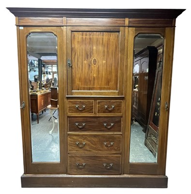 Lot 490 - EDWARDIAN MAHOGANY INLAID TRIPLE WARDROBE COMPACTUM