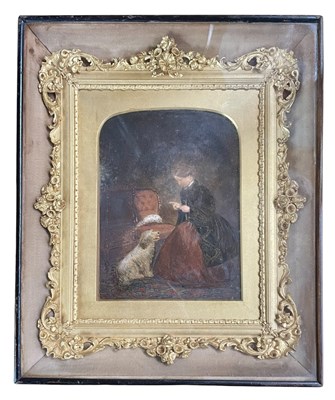 Lot 602 - 19TH CENTURY BRITISH SCHOOL - OIL ON BOARD GENRE PAINTING OF LADY & DOG