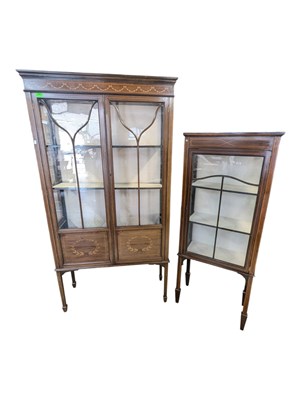 Lot 950 - TWO EDWARDIAN MAHOGANY & LINE INLAID CHINA DISPLAY CABINET VITRINES