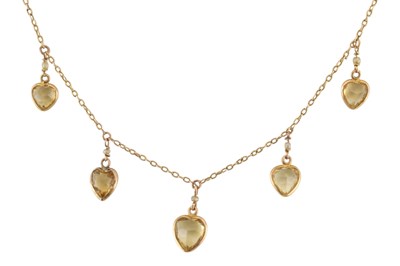 Lot 7 - EDWARDIAN GOLD CITRINE & PEARL, HEART FRINGE PENDANT NECKLACE