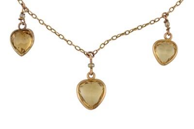 Lot 7 - EDWARDIAN GOLD CITRINE & PEARL, HEART FRINGE PENDANT NECKLACE