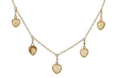 Lot 7 - EDWARDIAN GOLD CITRINE & PEARL, HEART FRINGE PENDANT NECKLACE