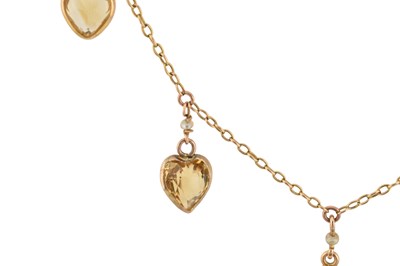 Lot 7 - EDWARDIAN GOLD CITRINE & PEARL, HEART FRINGE PENDANT NECKLACE