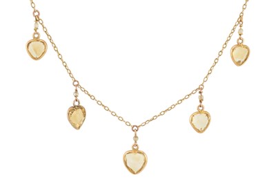 Lot 7 - EDWARDIAN GOLD CITRINE & PEARL, HEART FRINGE PENDANT NECKLACE