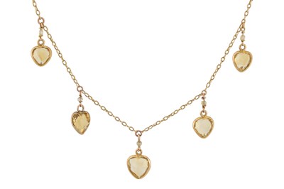 Lot 7 - EDWARDIAN GOLD CITRINE & PEARL, HEART FRINGE PENDANT NECKLACE