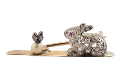 Lot 12 - 19TH CENTURY DIAMOND RABBIT PEARL & RUBY BROOCH PIN