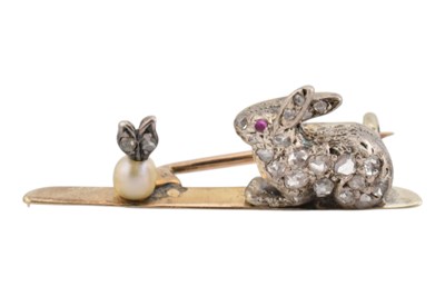 Lot 12 - 19TH CENTURY DIAMOND RABBIT PEARL & RUBY BROOCH PIN
