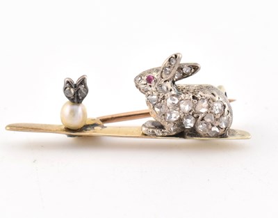 Lot 12 - 19TH CENTURY DIAMOND RABBIT PEARL & RUBY BROOCH PIN