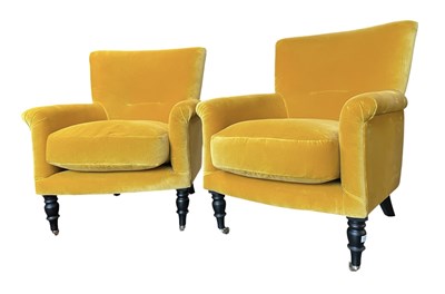 Lot 390 - MANNER OF HOWARD & SONS - PAIR OF YELLOW VELOUR UPHOLSTERED ARMCHAIRS