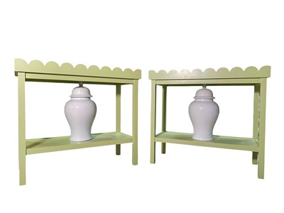 Lot 82 - PAIR OF MODERN GALLERY EDGE BEDSIDE TABLES AND PAIR OF URNS