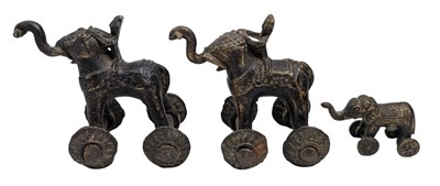 Lot 127 - 20TH CENTURY INDIAN 3 BRASS AMBAWADI / TEMPLE TOYS / ELEPHANT ON WHEELS
