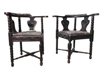 Lot 298 - PAIR OF 19TH CENTURY OAK & NEEDLEPOINT UPHOLSTERED CORNER CHAIRS